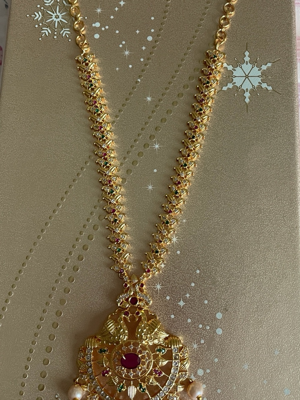 Gold-Tone Womens Necklace with Red Stones and Pearl Drops